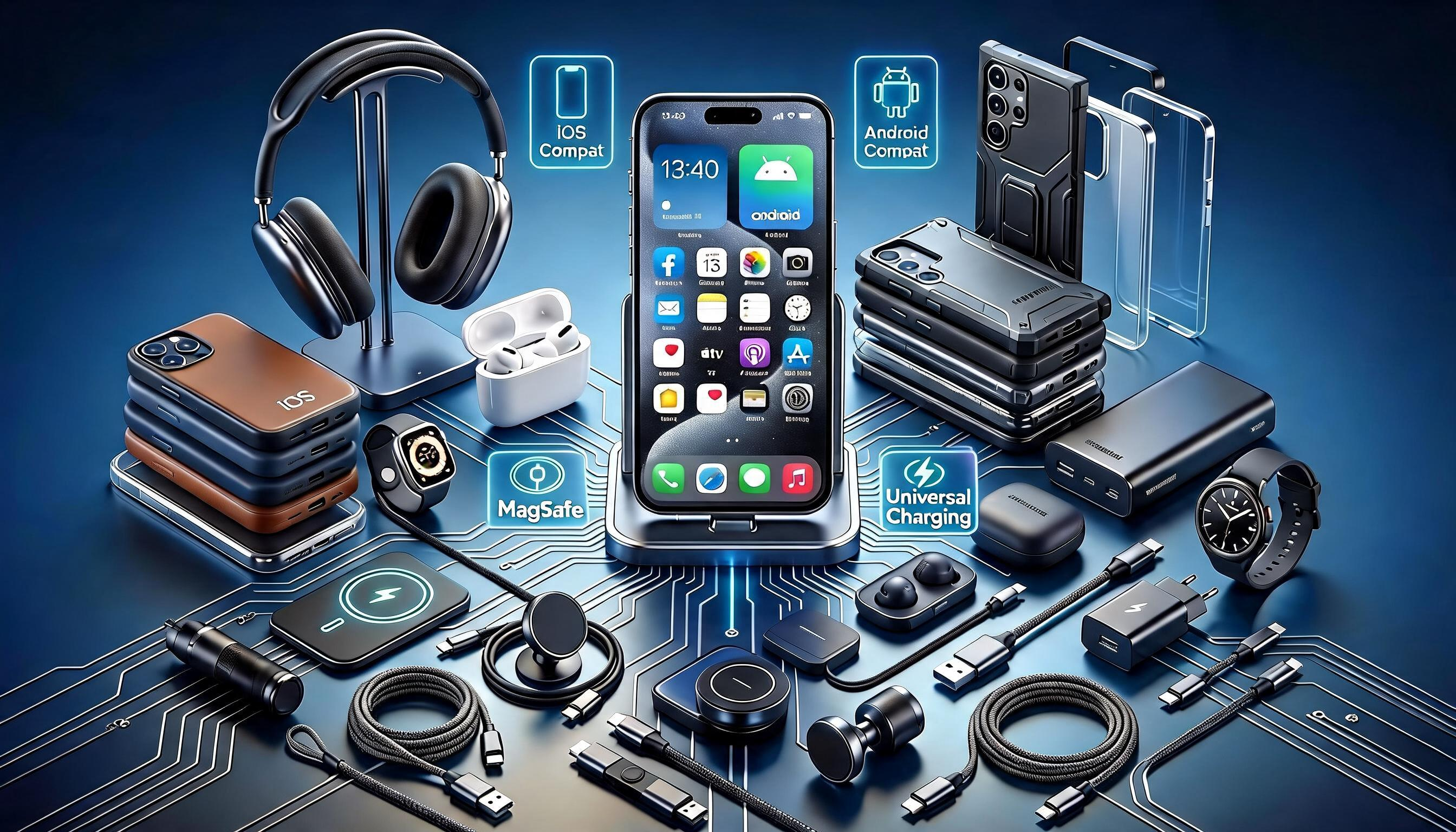 Smart Mobile Essentials mobile accessories catalog featuring phone cases, fast chargers, USB cables, power banks, and essential smartphone gadgets